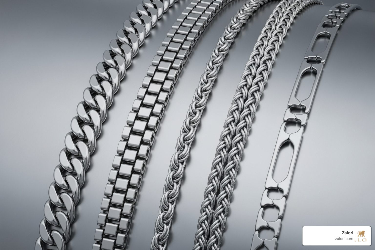 of four different chain styles side-by-side: Curb, Box, Rope, and Figaro - mens silver chain price of four different chain styles side-by-side: Curb, Box, Rope, and Figaro - mens silver chain price