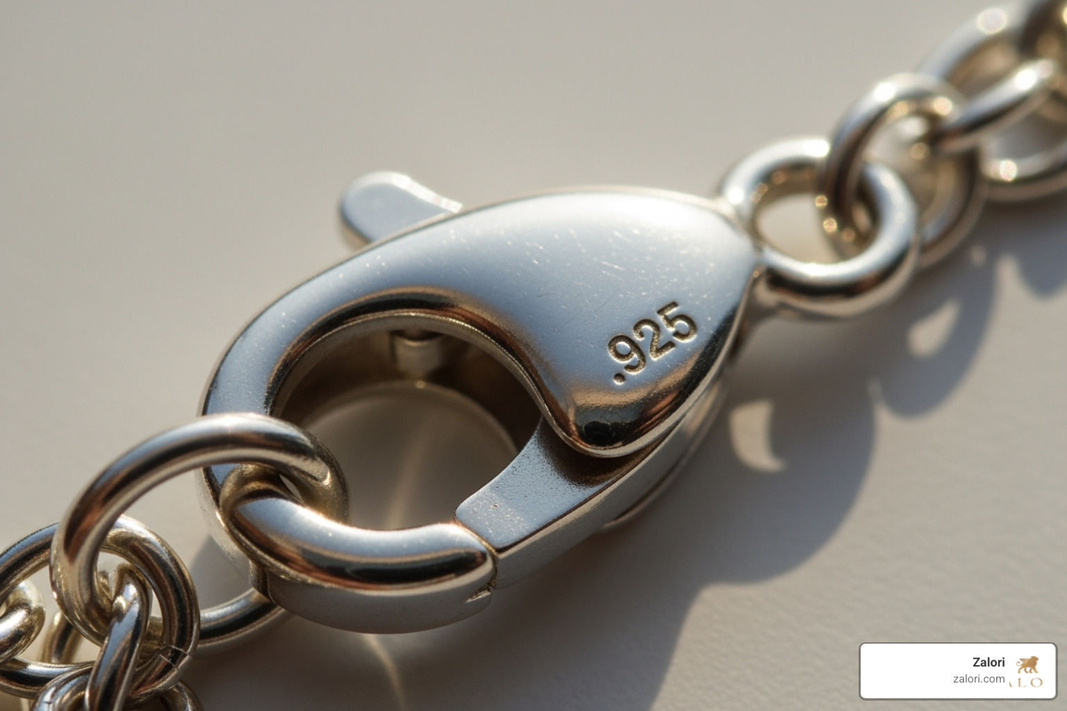 close-up shot of a .925 hallmark stamp on a silver chain's clasp - mens silver chain price close-up shot of a .925 hallmark stamp on a silver chain's clasp - mens silver chain price