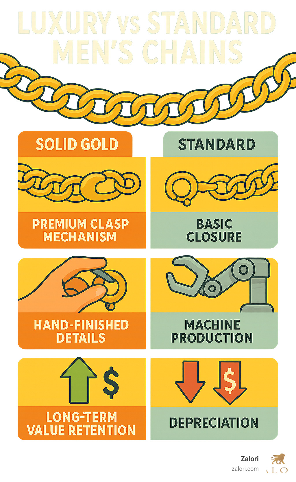 Infographic comparing luxury vs standard men's chains, showing solid gold construction vs plated metals, premium clasp mechanisms vs basic closures, hand-finished details vs machine production, and long-term value retention vs depreciation - luxury mens chain infographic Infographic comparing luxury vs standard men's chains, showing solid gold construction vs plated metals, premium clasp mechanisms vs basic closures, hand-finished details vs machine production, and long-term value retention vs depreciation - luxury mens chain infographic