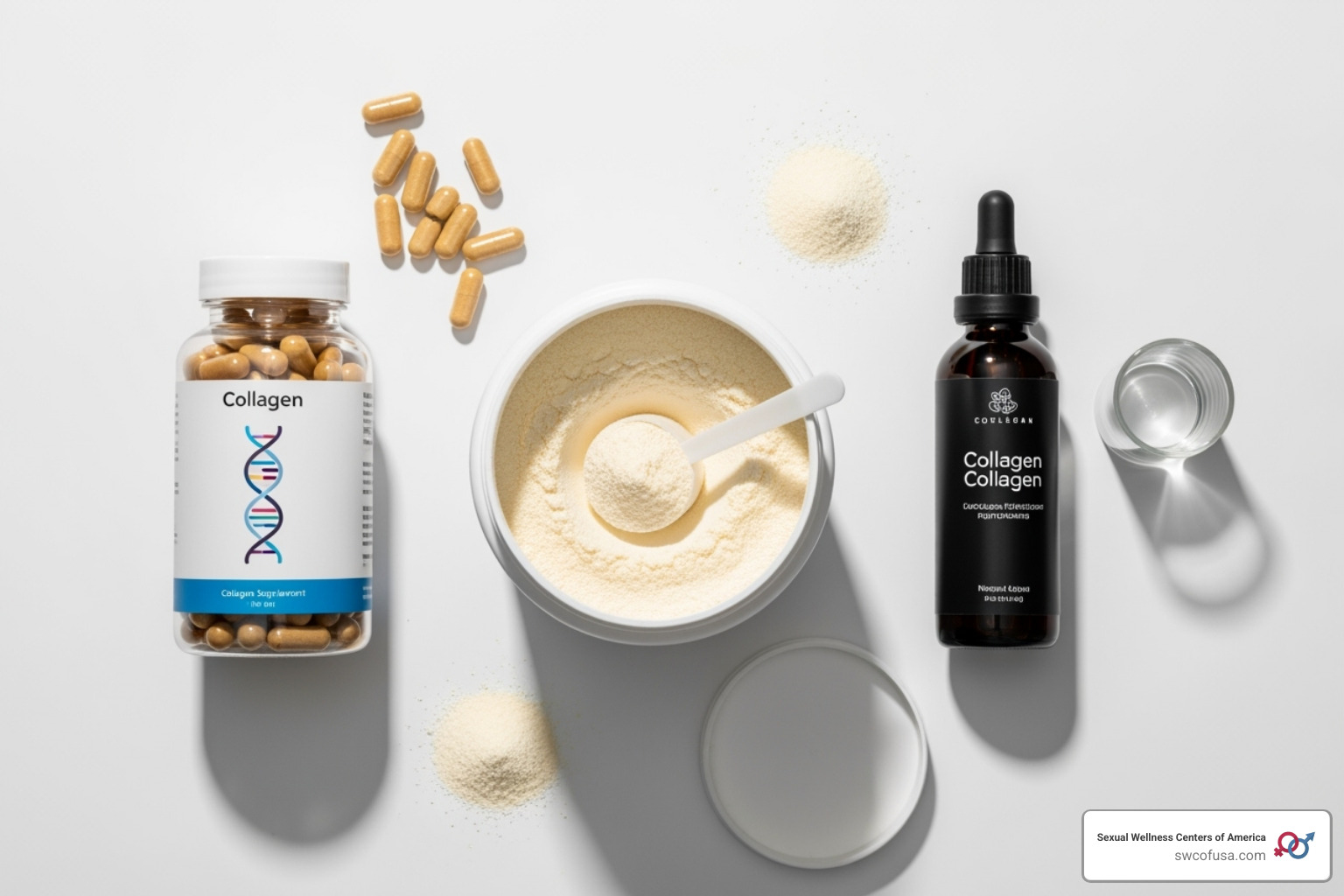 of different forms of collagen supplements like powders, capsules, and liquids - collagen peptides hair regrowth