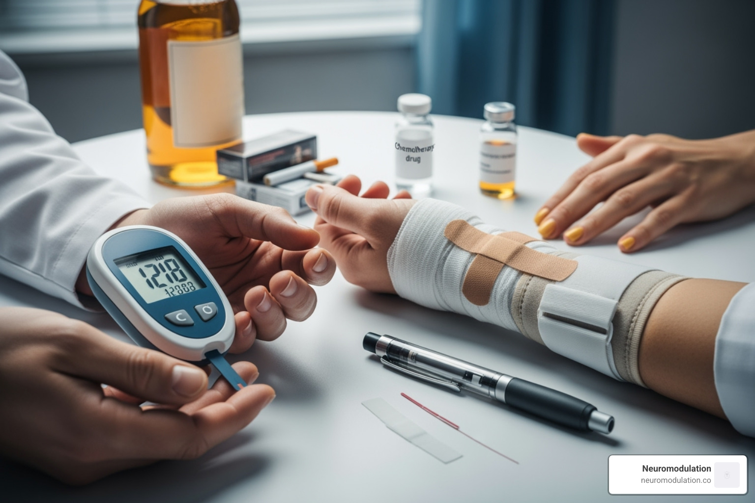 Image showing common causes like diabetes and physical injury - Peripheral nerve conditions Image showing common causes like diabetes and physical injury - Peripheral nerve conditions