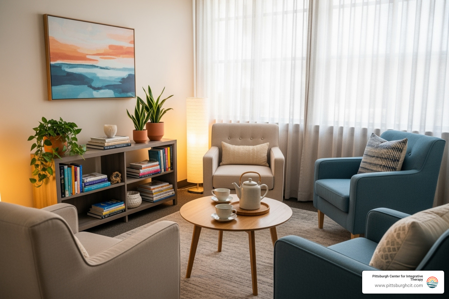 A calm and safe therapy office setting, emphasizing a sense of security - couples therapy for trauma