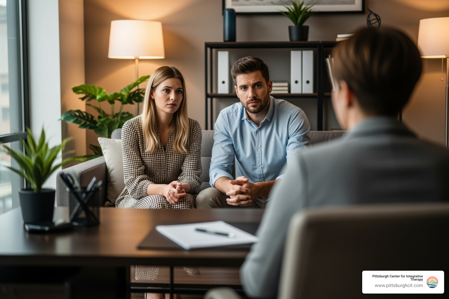 A couple in a consultation with a therapist, whose back is to the camera to maintain focus on the couple - couples therapy for trauma