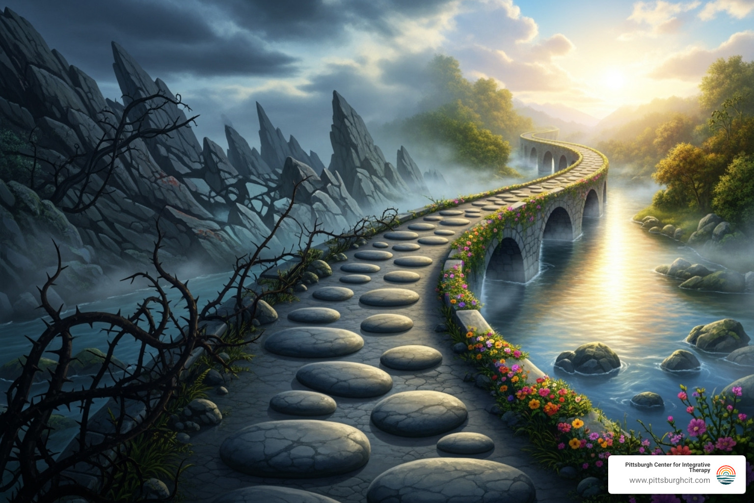 A path or bridge, symbolizing the journey from hurt to healing - couples therapy for trauma
