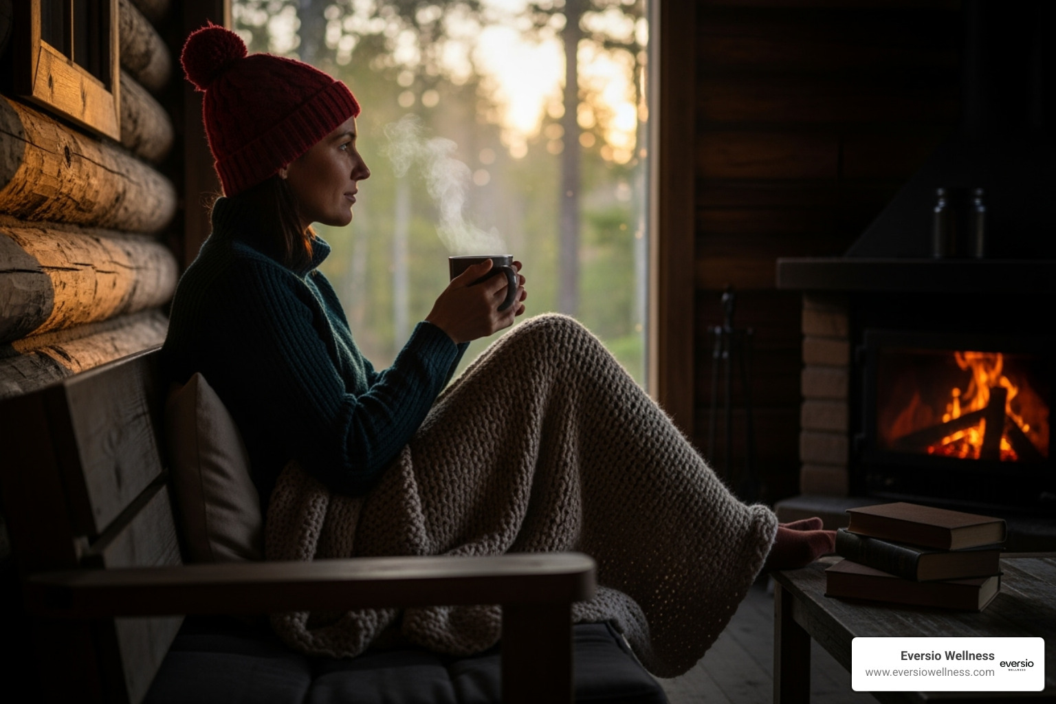 A person drinking a warm beverage from a mug, possibly Chaga tea - chaga mushroom extract