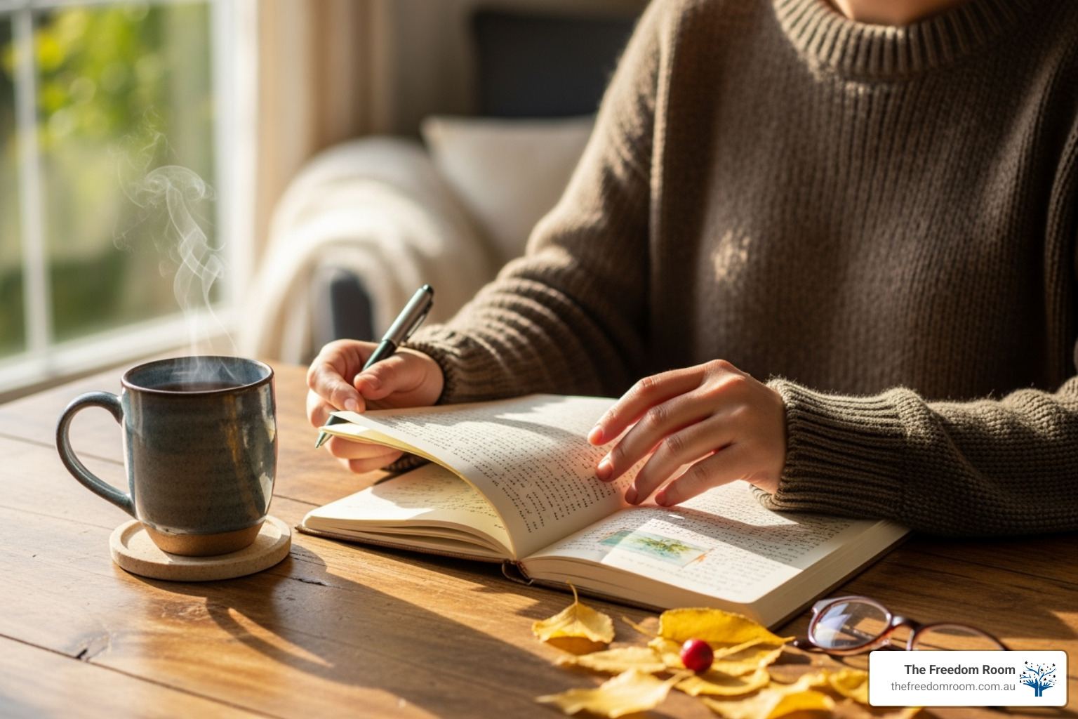 person journaling with a cup of tea - self care activities