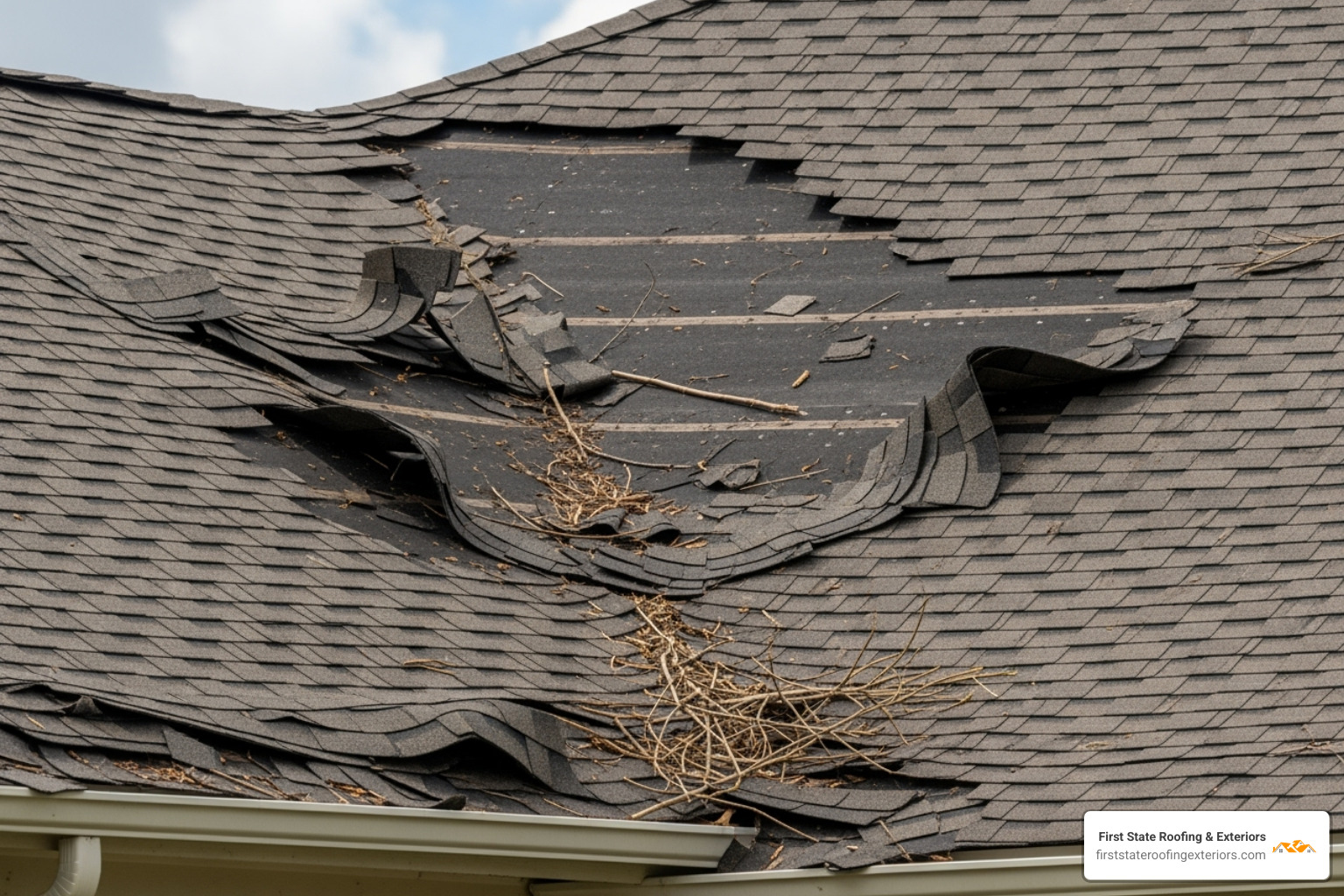 A roof with visible wind damage, showing lifted and missing shingles after a severe storm - roof repair smyrna