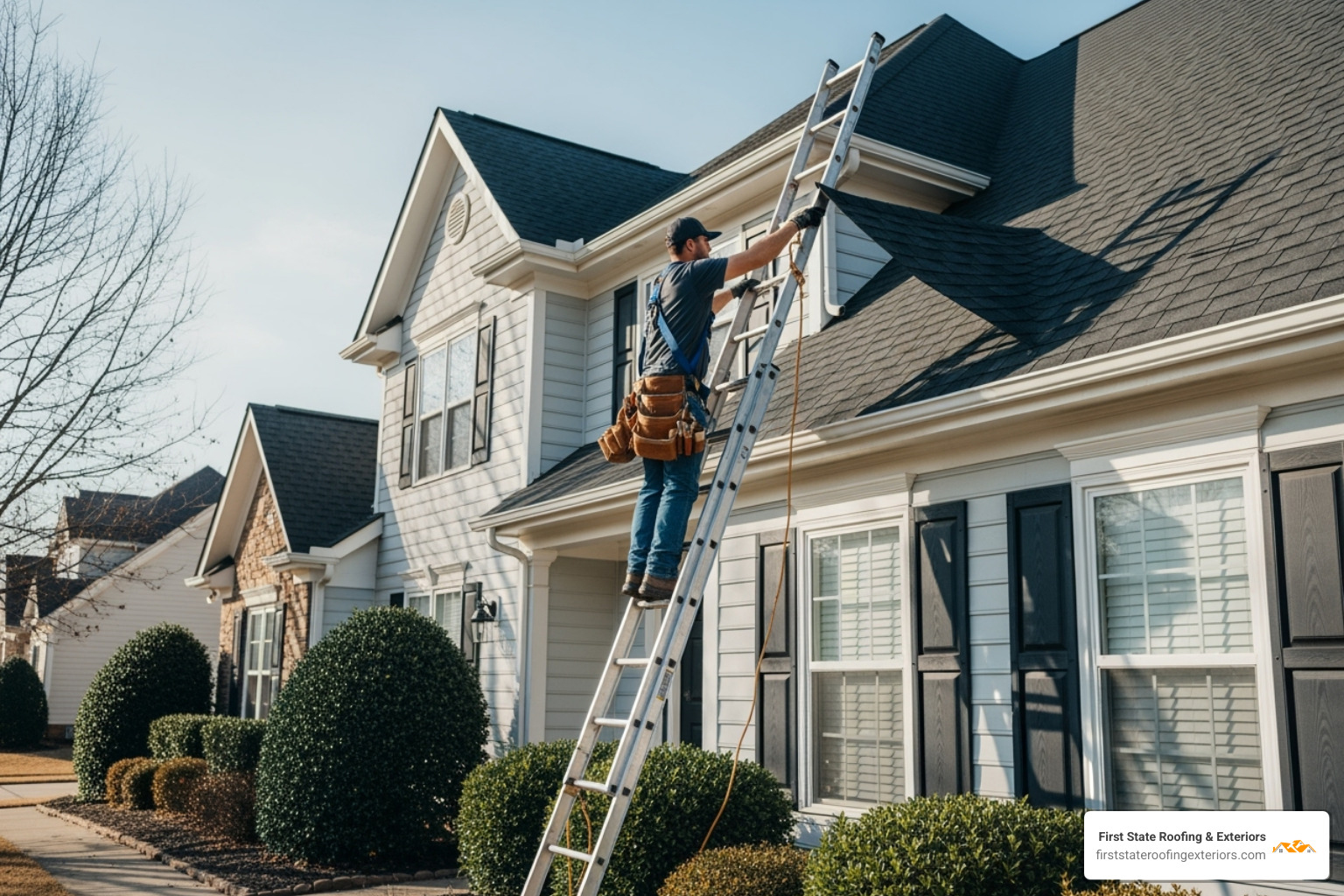 A roofer safely on a ladder, inspecting the shingles of a residential roof in Smyrna - roof repair smyrna