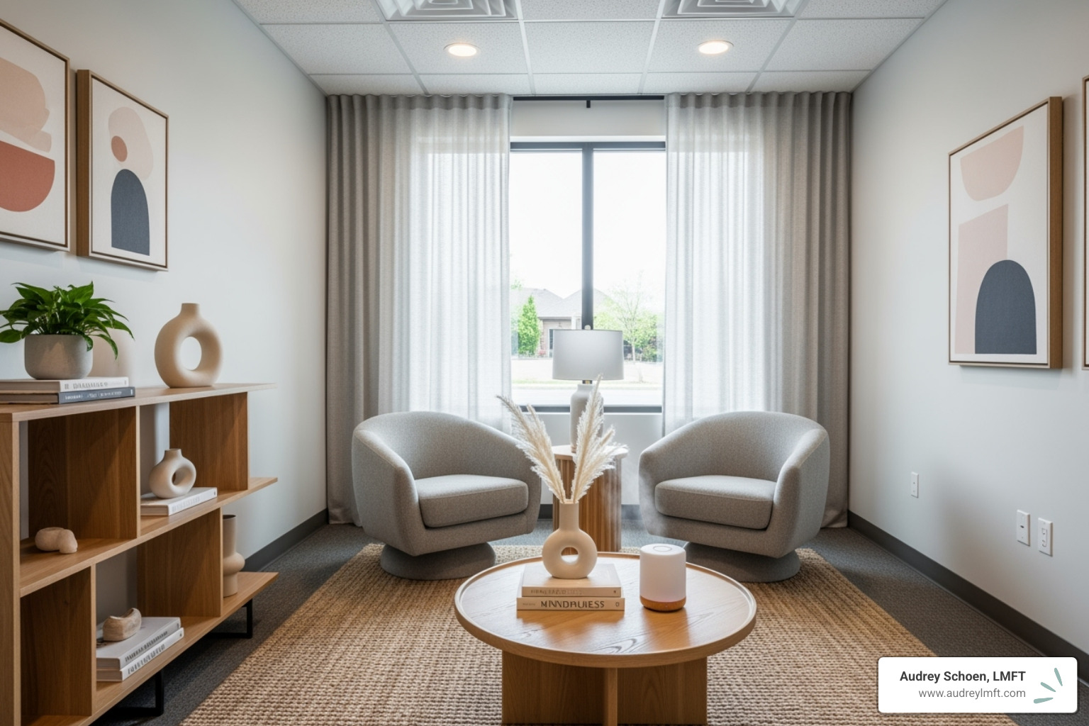 comfortable, modern therapy office interior - anxiety therapy roseville