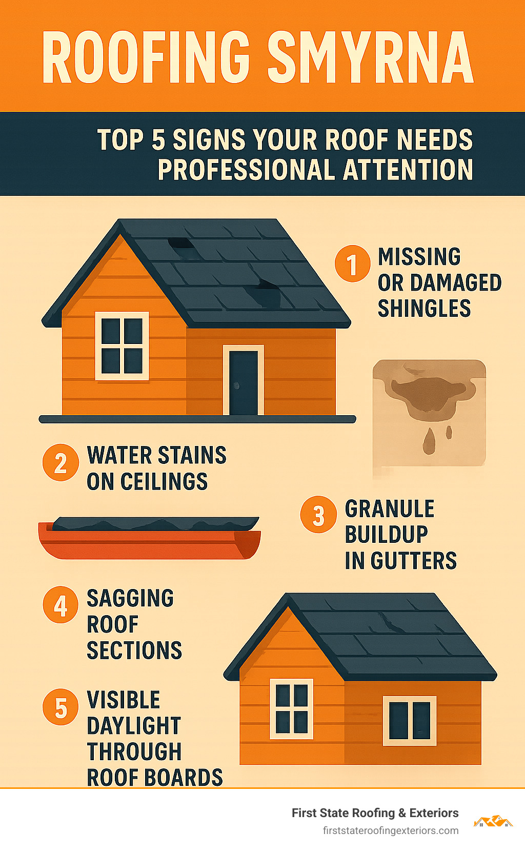 Infographic showing the top 5 signs your roof needs professional attention: missing or damaged shingles, water stains on ceilings, granule buildup in gutters, sagging roof sections, and visible daylight through roof boards - roofing smyrna infographic 