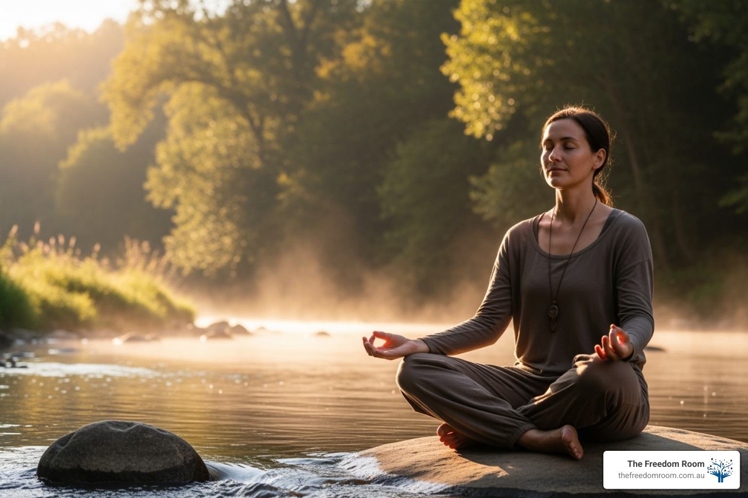 A person sitting calmly by a tranquil Australian river, practicing deep breathing with their eyes closed - anxiety relief