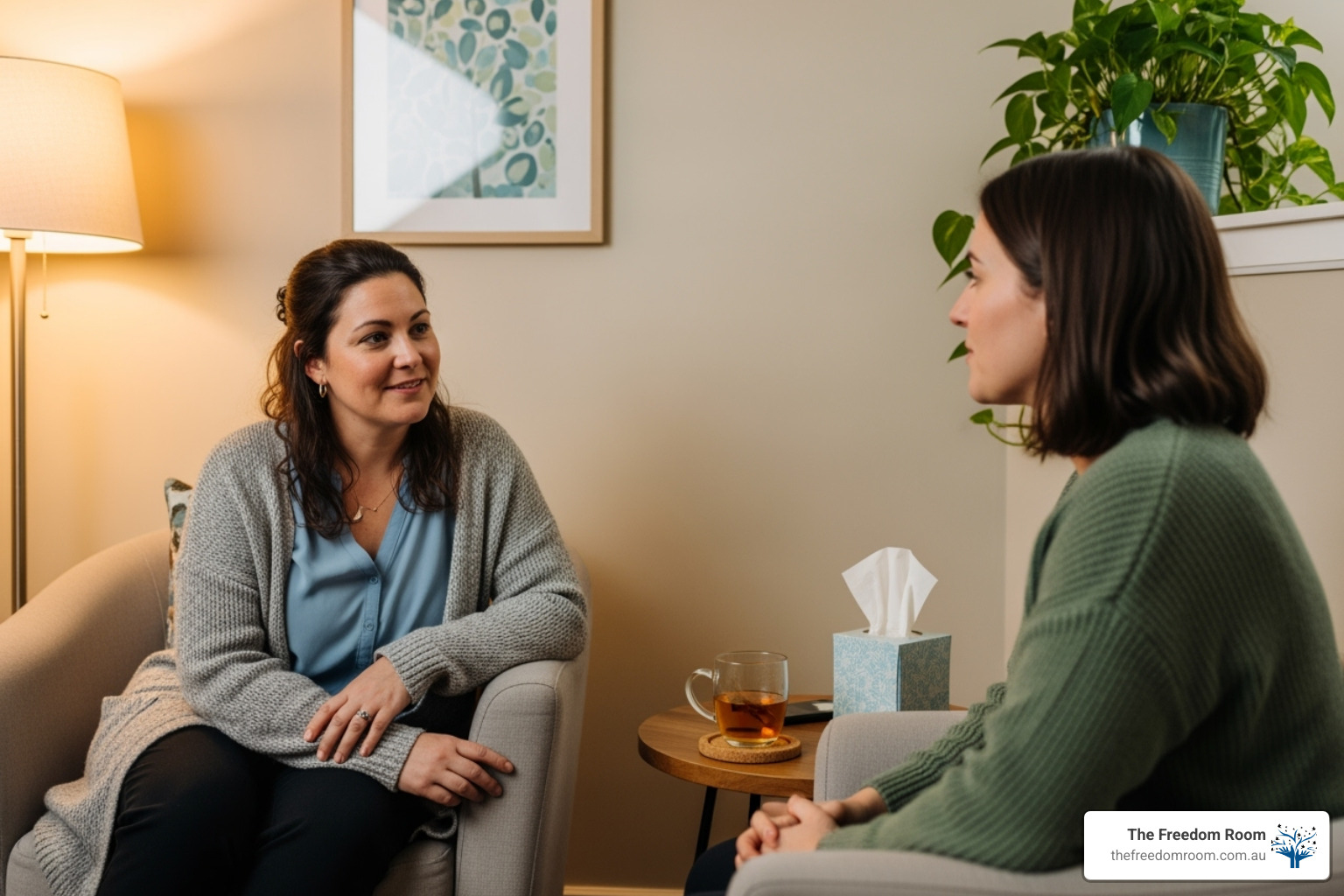 A counsellor providing support to a client in a warm, empathetic setting, with both individuals engaged in a conversation - anxiety relief