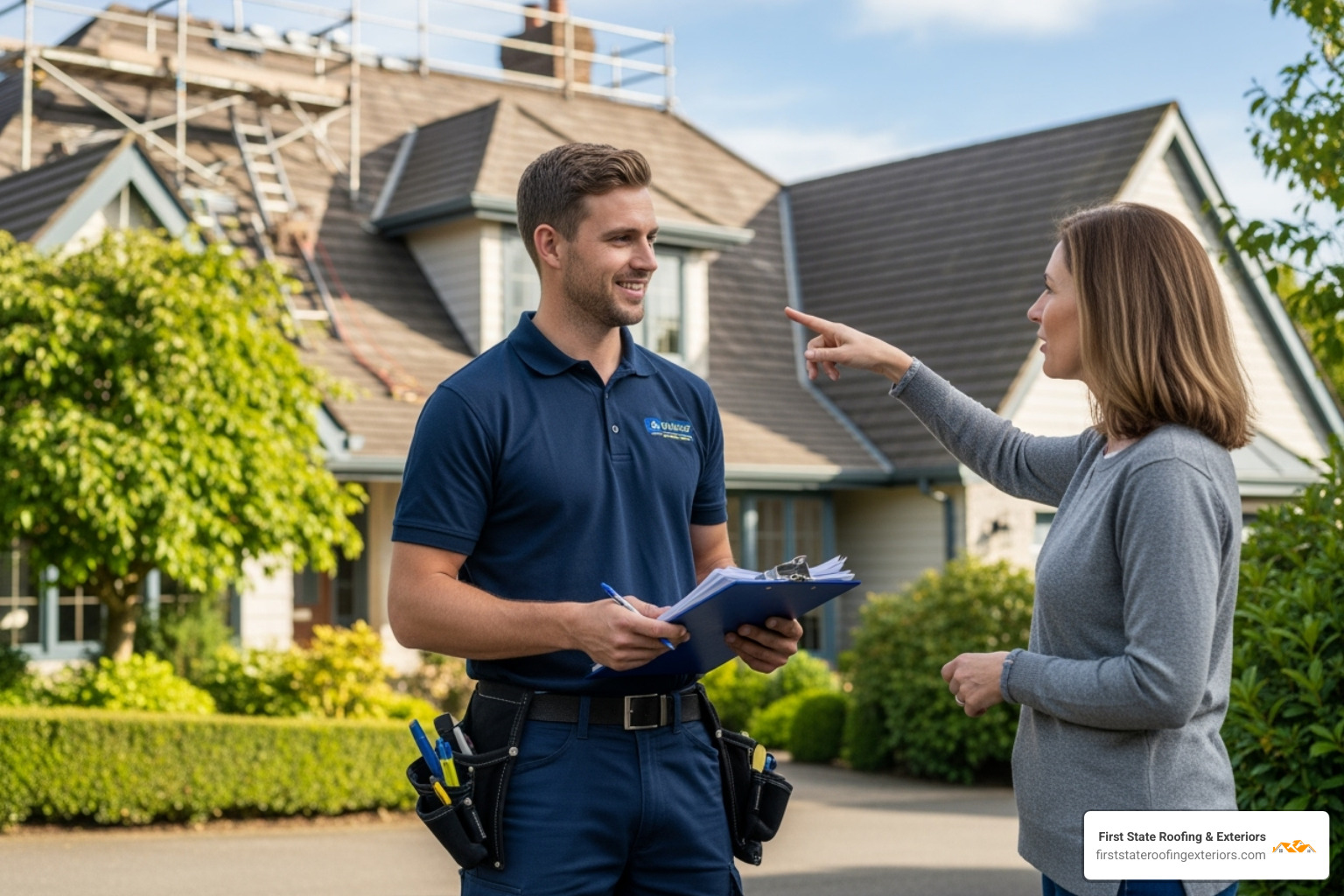 A friendly roofer discussing plans with a homeowner, emphasizing good communication - smyrna roofer