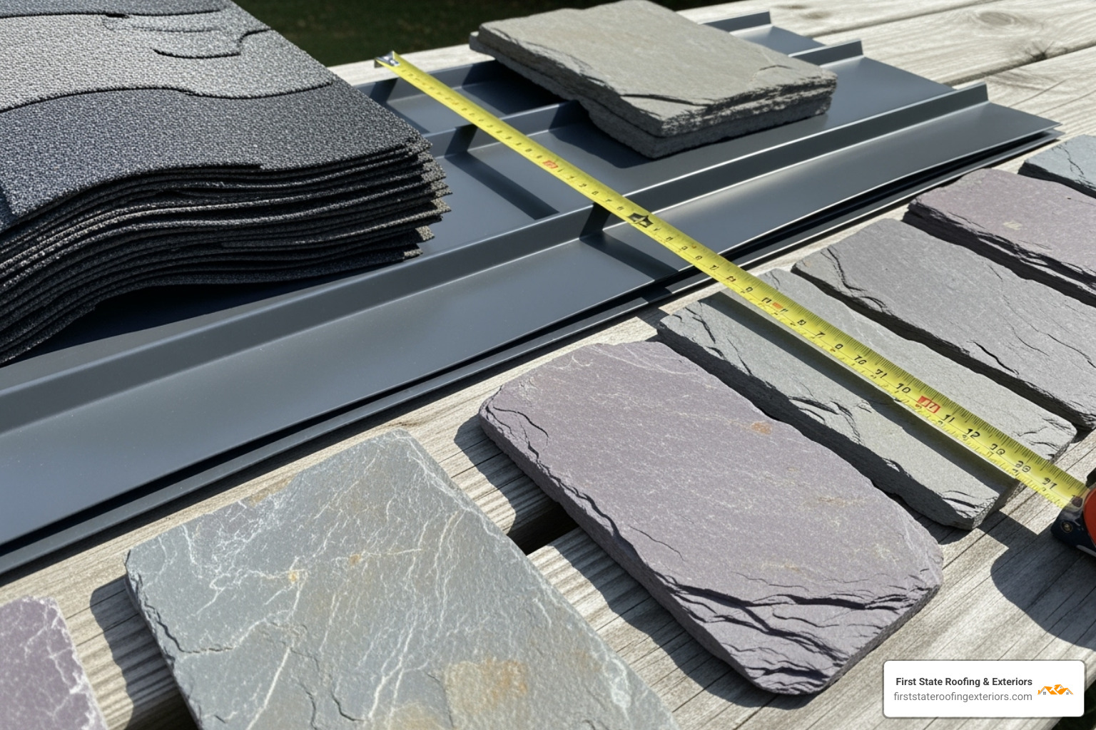Samples of asphalt shingles, metal roofing, and slate tiles laid out for inspection - smyrna roofer
