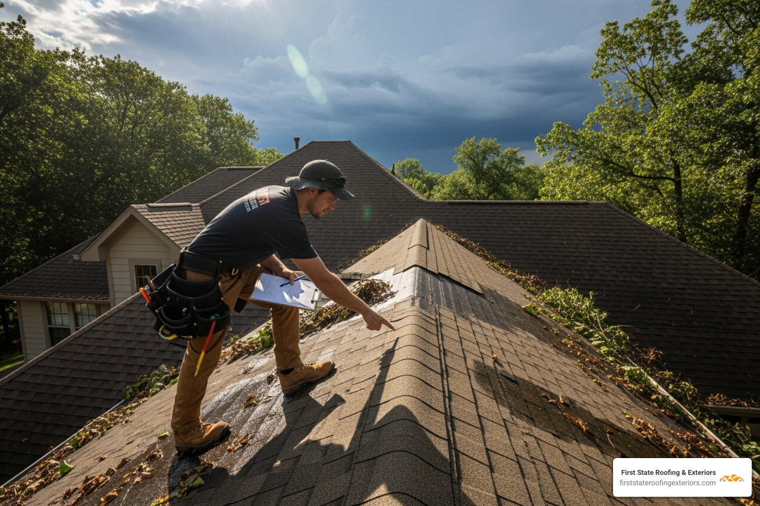 A roofer inspecting a roof for storm damage after a thunderstorm, highlighting the importance of professional assessment - smyrna roofer