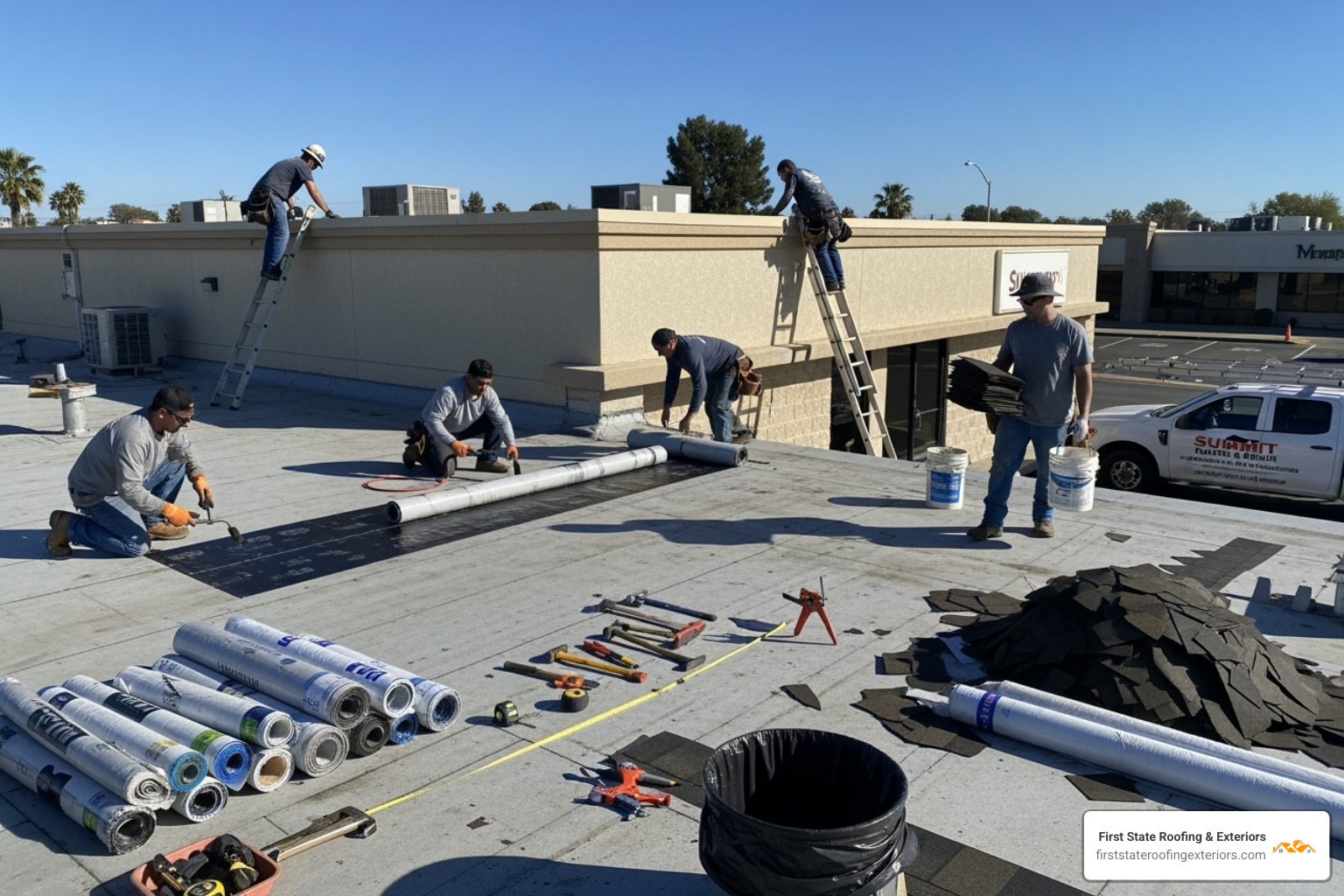 A roofing team working on a commercial building, showcasing the breadth of services offered - smyrna roofer