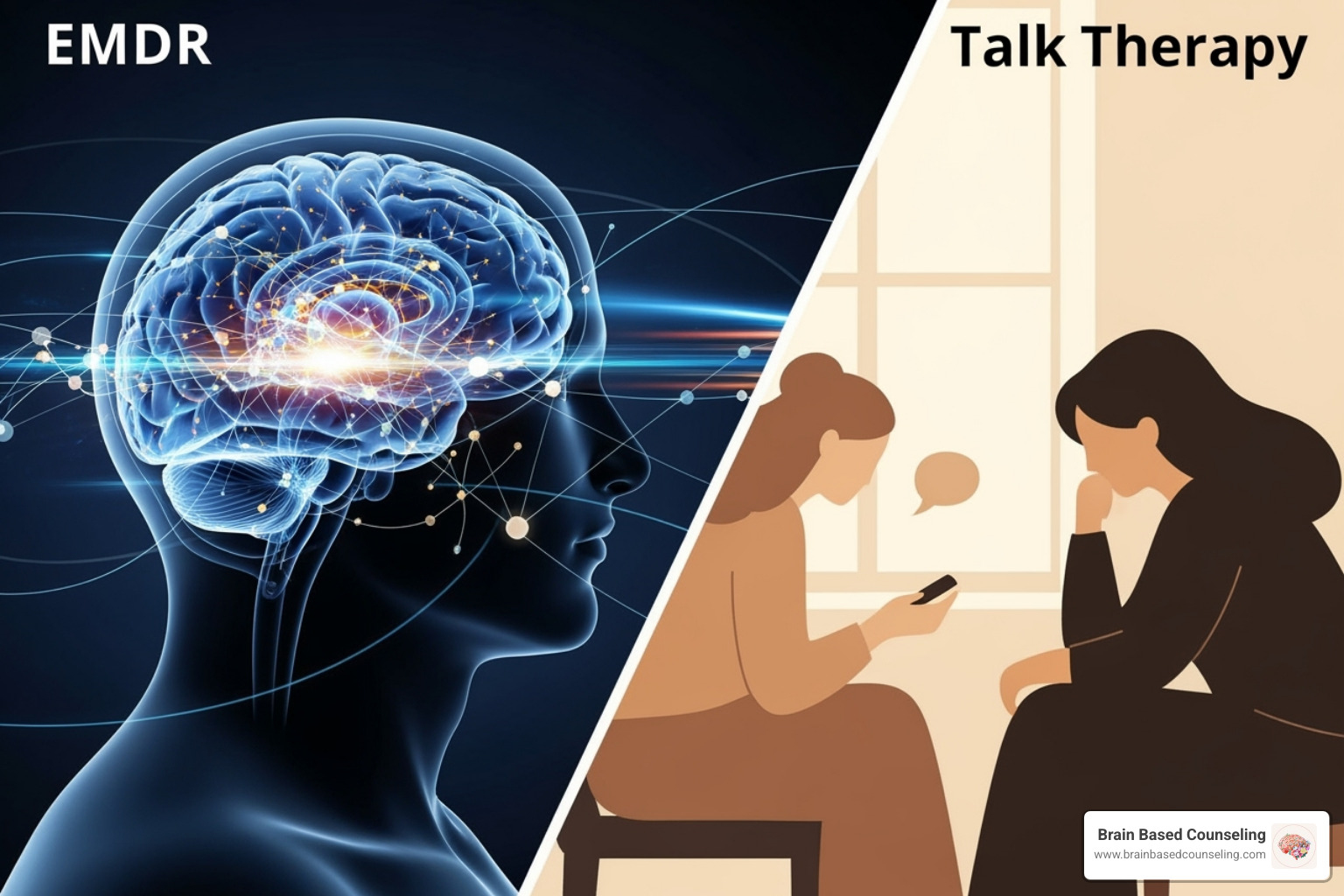 a table comparing EMDR and Traditional Talk Therapy on dimensions like Focus, Mechanism, Client Role, Homework, and Treatment Duration - emdr the breakthrough therapy for overcoming anxiety