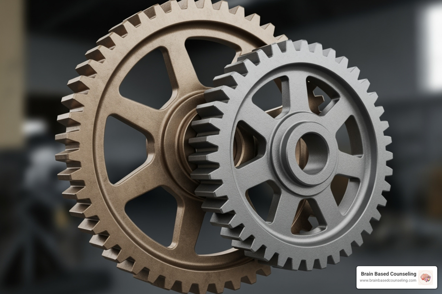 interlocking gears labeled "EMDR" and "Mindfulness" - emdr therapy and mindfulness for trauma-focused care