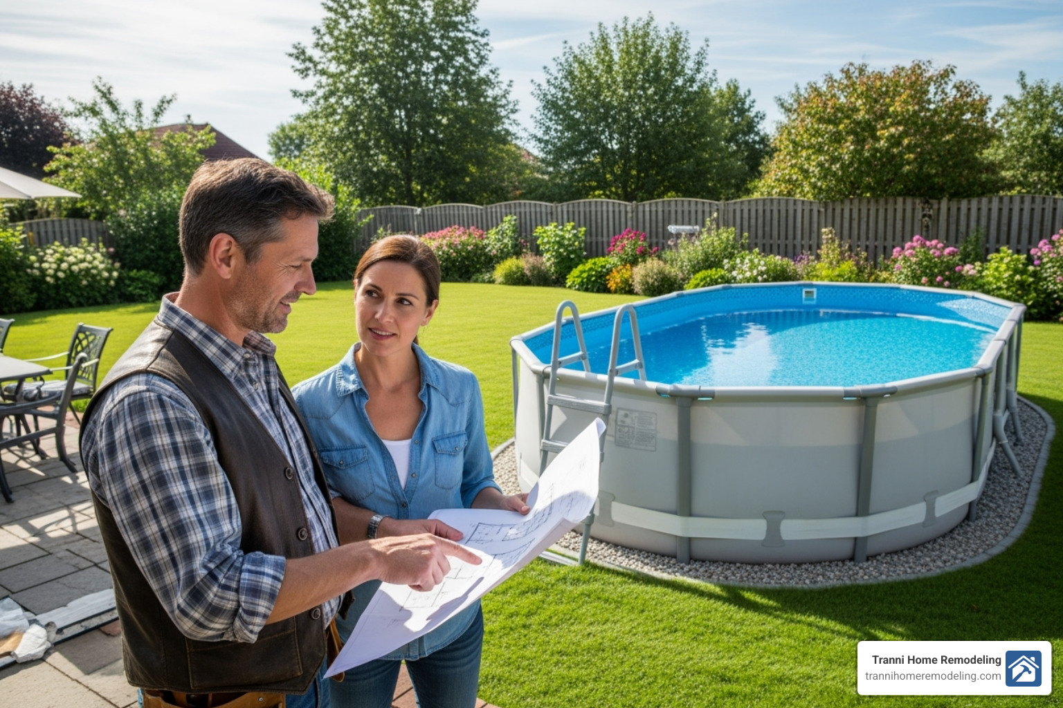 contractor discussing blueprints with a homeowner by their pool - above ground pool deck builders near me