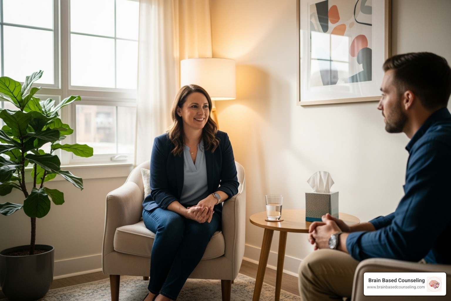 Two people having a supportive conversation in a calm setting - treatment for complex ptsd