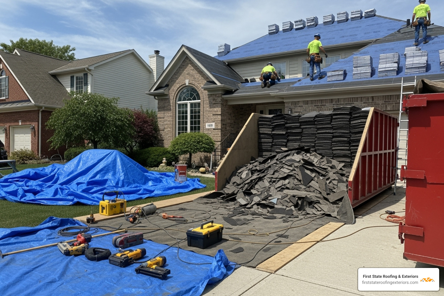 clean and organized roofing worksite with property protection in place - roofers dover delaware