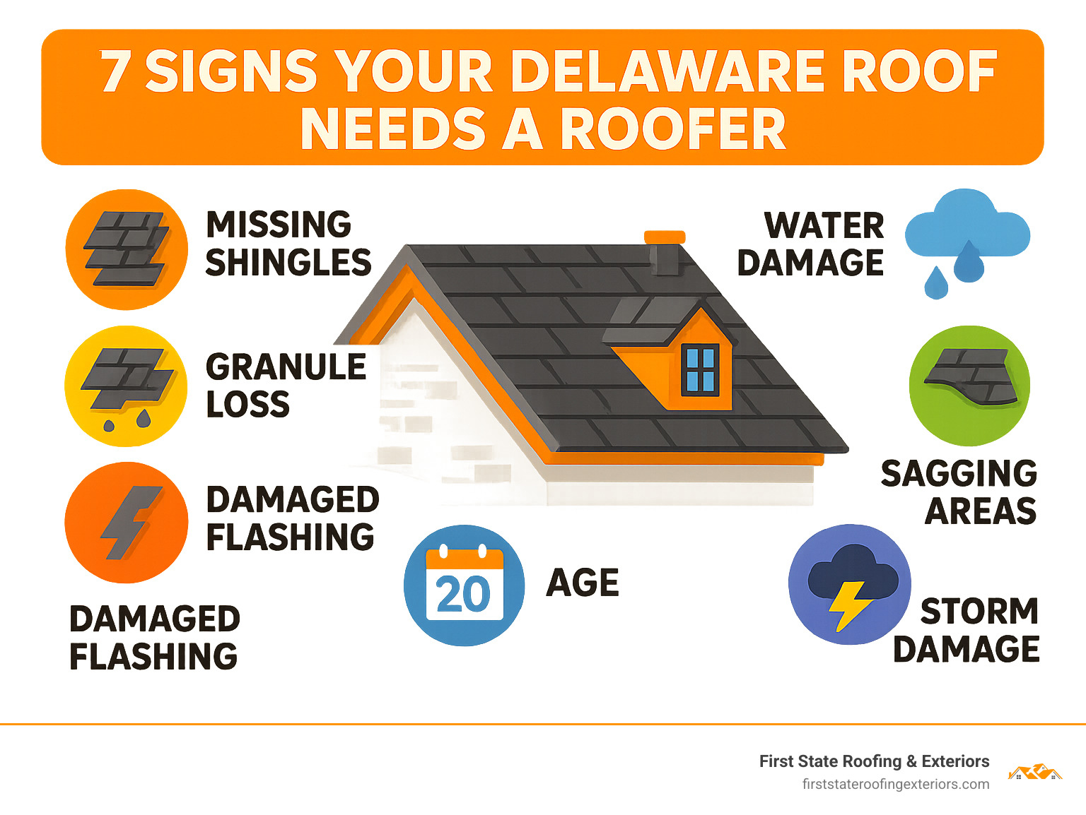 Comprehensive guide showing the 7 key signs your Delaware roof needs professional attention, including missing shingles, water damage, granule loss, sagging areas, damaged flashing, age factors, and storm damage indicators - roofers dover delaware infographic 