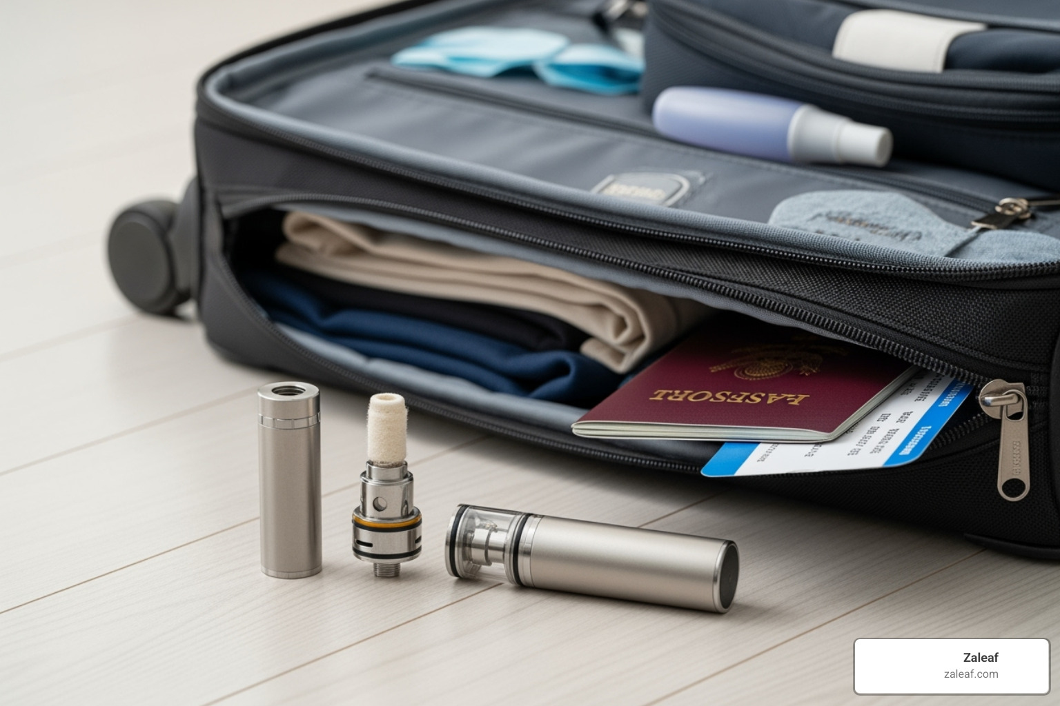 Disassembled vape pen next to carry-on bag, illustrating the difference between device and substance for air travel - can you carry a thc vape pen on an airplane