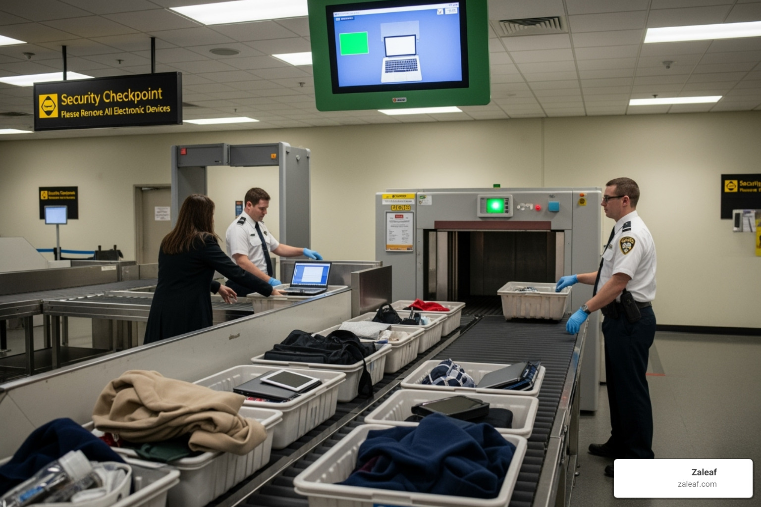 Airport security checkpoint with bins on a conveyor belt, illustrating the screening process - can you carry a thc vape pen on an airplane