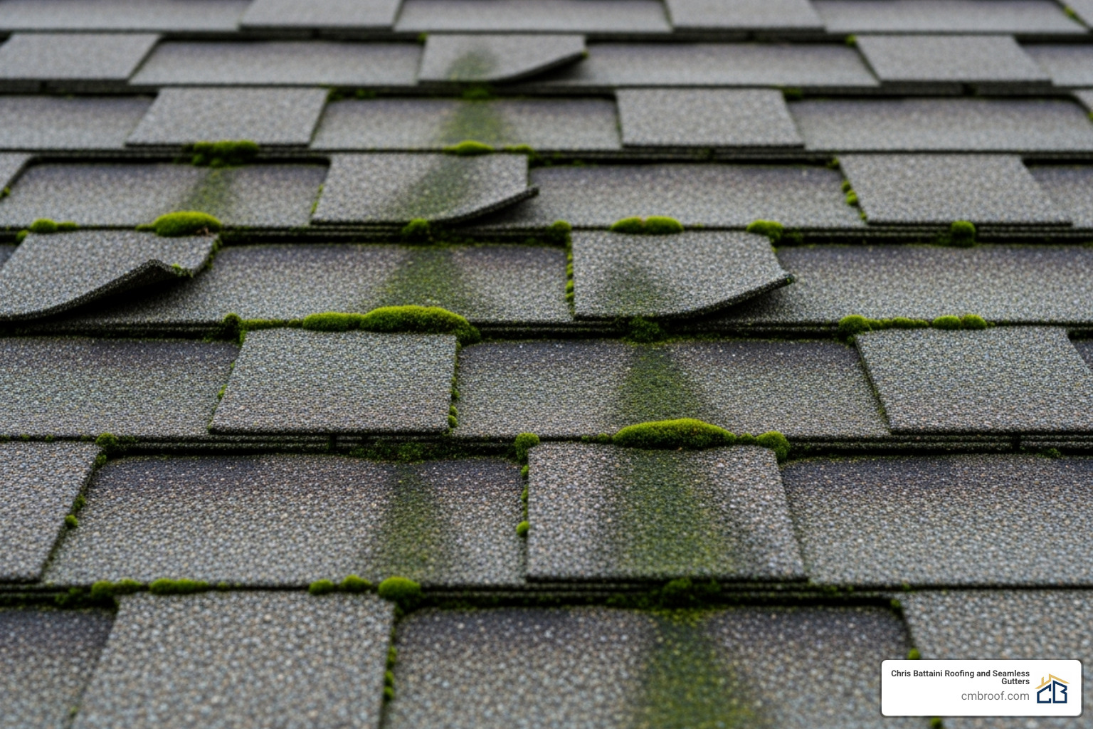 A close-up image of an asphalt shingle roof showing moss and algae growth, along with some curling shingles. - roof maintenance Franklin County