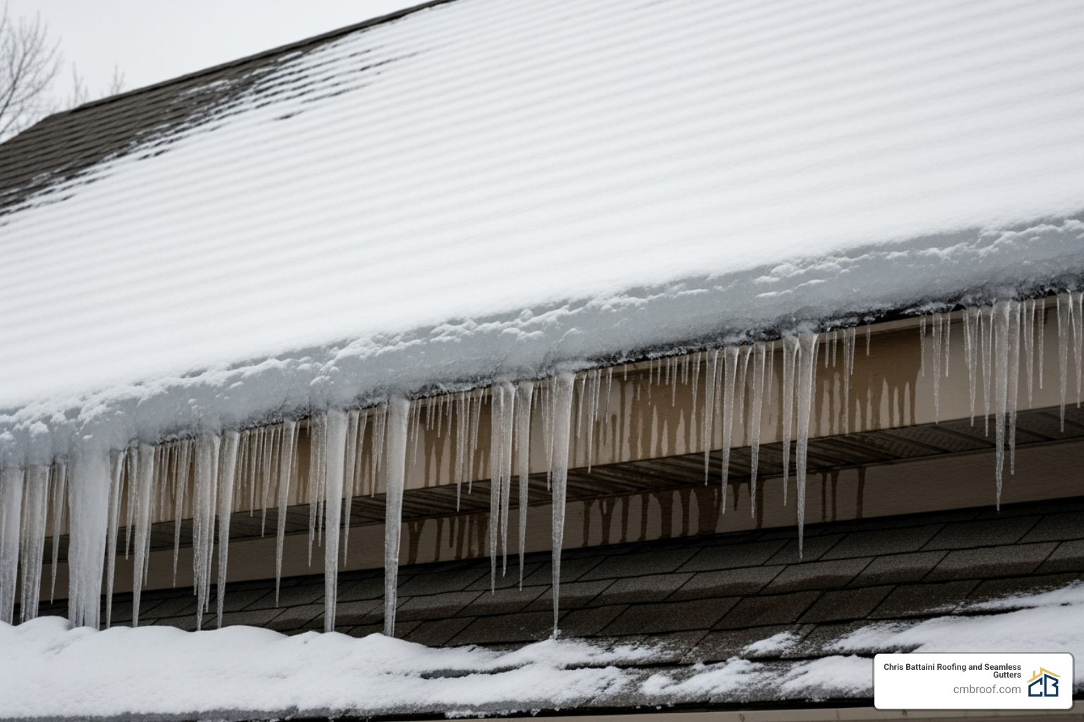 A roof with significant snow accumulation and icicles forming along the eaves, indicating an ice dam. - roof maintenance Franklin County