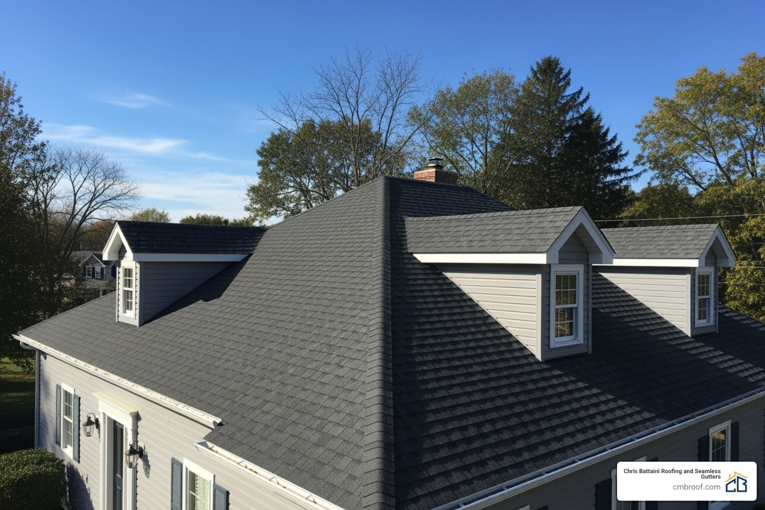 A wide shot of a well-maintained residential roof with clean gutters and no visible debris, under a clear sky. - roof maintenance Franklin County