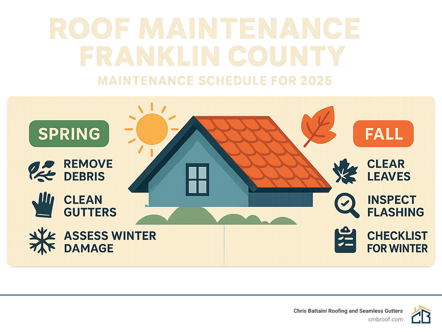 Comprehensive infographic showing Franklin County roof maintenance schedule with spring tasks including debris removal, gutter cleaning, and winter damage assessment, and fall tasks including leaf clearing, flashing inspection, and winter preparation checklist - roof maintenance Franklin County infographic 