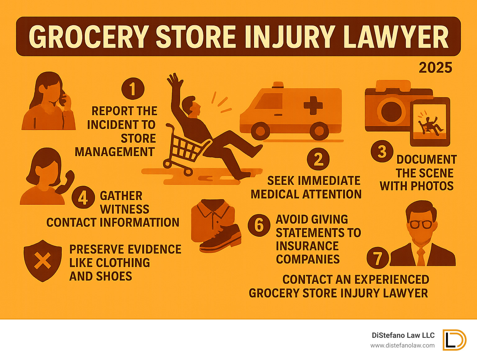 Infographic showing the immediate steps after a grocery store slip and fall: 1. Report the incident to store management, 2. Seek immediate medical attention, 3. Document the scene with photos, 4. Gather witness contact information, 5. Preserve evidence like clothing and shoes, 6. Avoid giving statements to insurance companies, 7. Contact an experienced grocery store injury lawyer - Grocery store injury lawyer infographic 