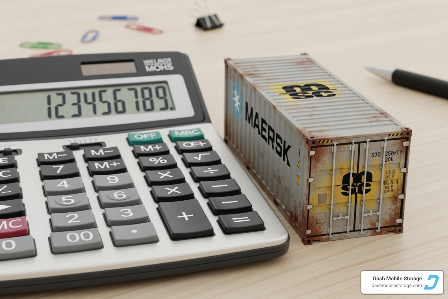 calculator next to miniature shipping container - Container storage Miami