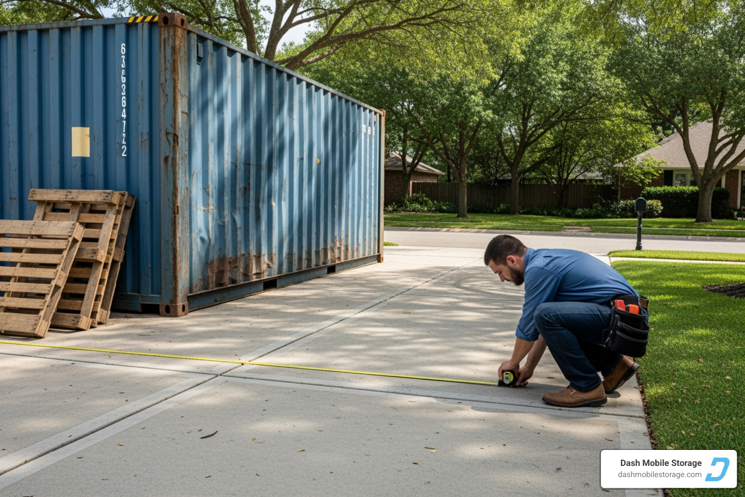 person measuring in driveway for container delivery - Container storage Miami