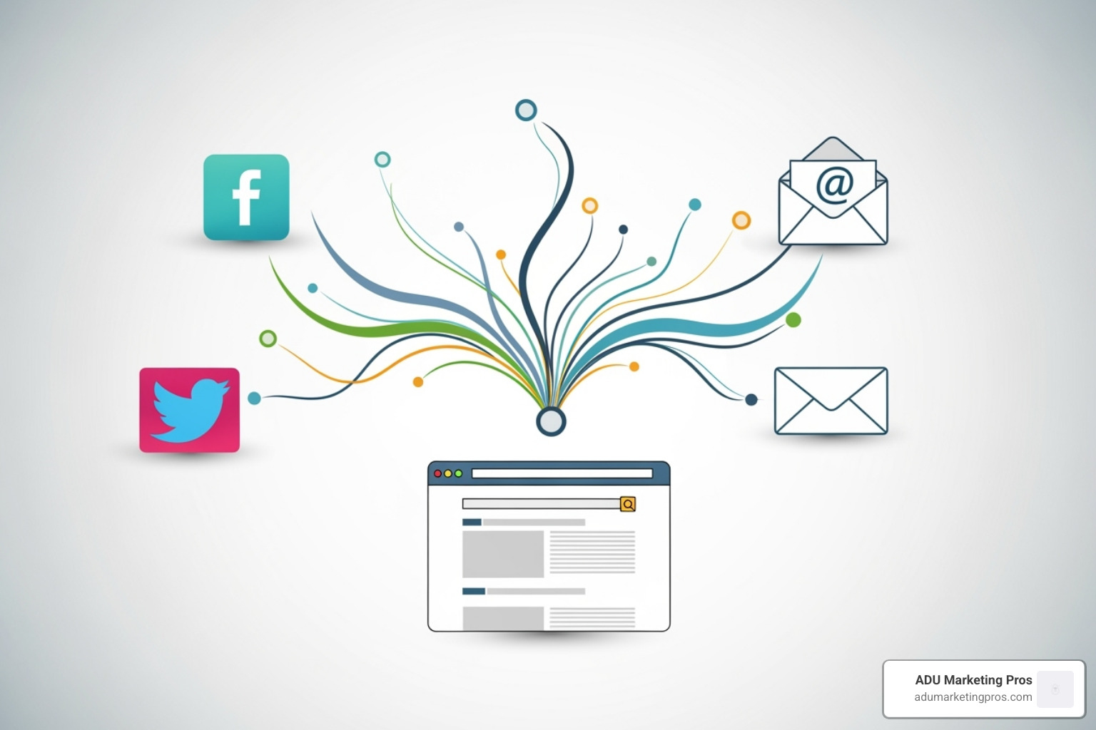 Flowchart showing distribution of marketing materials through channels like social media, email, and website, all branded for ADU Marketing Pros - architecture marketing materials Flowchart showing distribution of marketing materials through channels like social media, email, and website, all branded for ADU Marketing Pros - architecture marketing materials