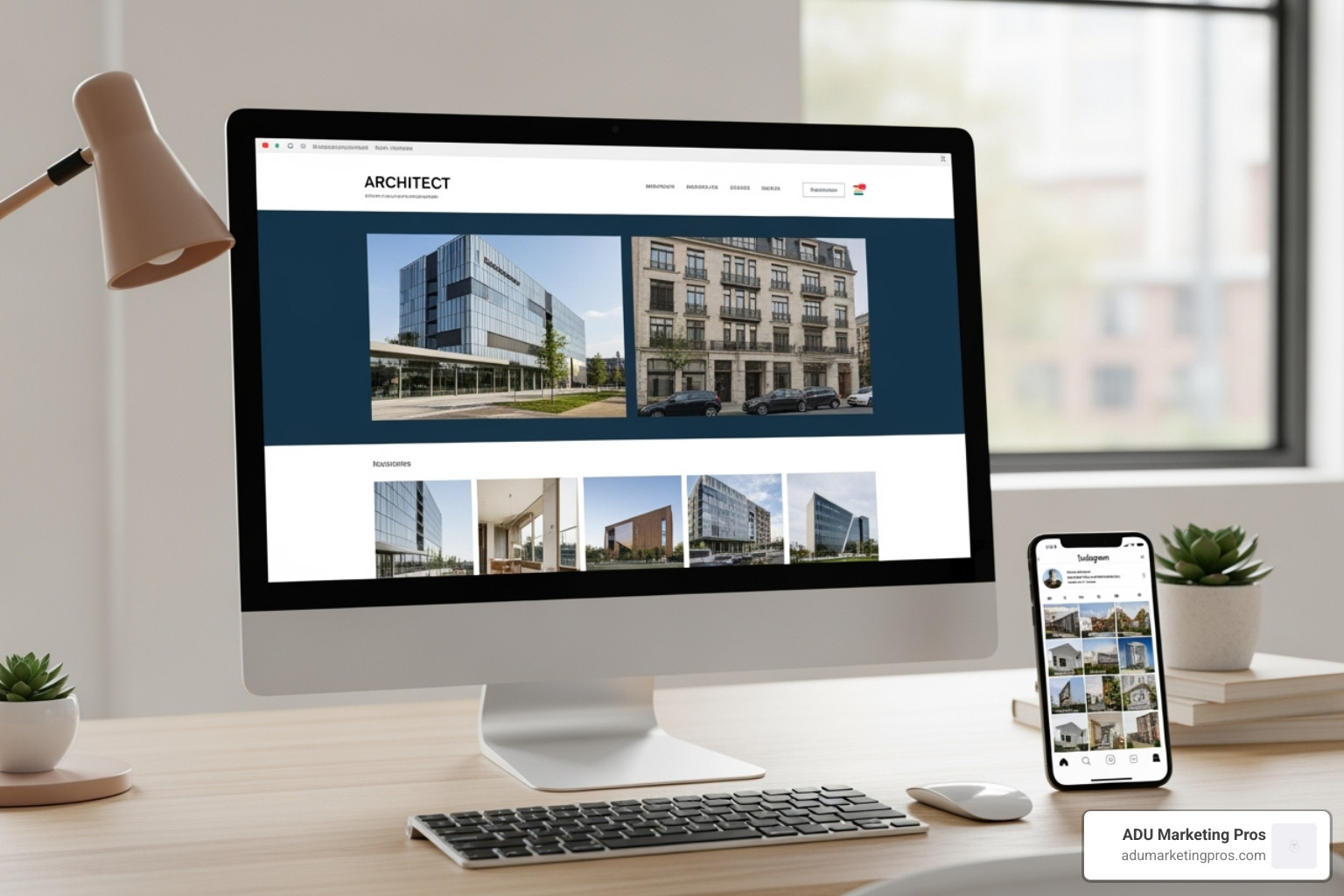 Desktop screen showing a beautifully designed architect website (with ADU Marketing Pros branding), mobile phone displaying the firm's Instagram profile - architecture marketing materials Desktop screen showing a beautifully designed architect website (with ADU Marketing Pros branding), mobile phone displaying the firm's Instagram profile - architecture marketing materials