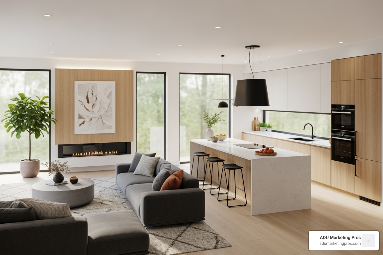 Photorealistic 3D rendering of a modern home's interior, with ADU Marketing Pros watermark - architecture marketing materials Photorealistic 3D rendering of a modern home's interior, with ADU Marketing Pros watermark - architecture marketing materials