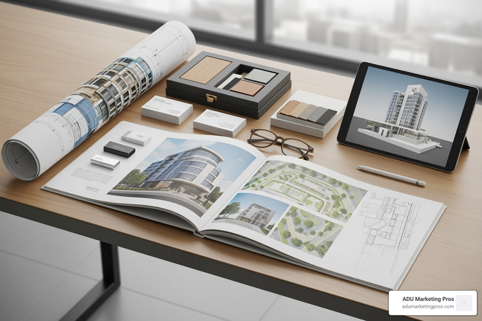 Two architects in a modern office, branded materials on the table, discussing a project proposal with a client - architecture marketing materials Two architects in a modern office, branded materials on the table, discussing a project proposal with a client - architecture marketing materials
