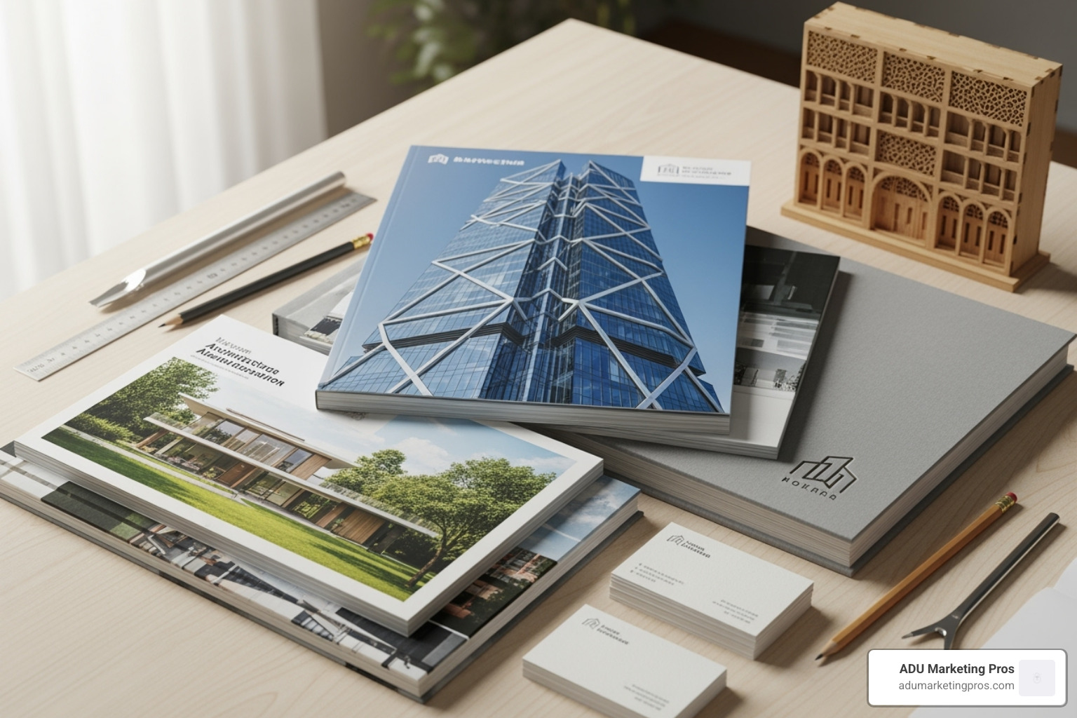 What not to do graphic, showing a cluttered brochure versus a clean, modern one, both with ADU Marketing Pros branding - architecture marketing materials What not to do graphic, showing a cluttered brochure versus a clean, modern one, both with ADU Marketing Pros branding - architecture marketing materials