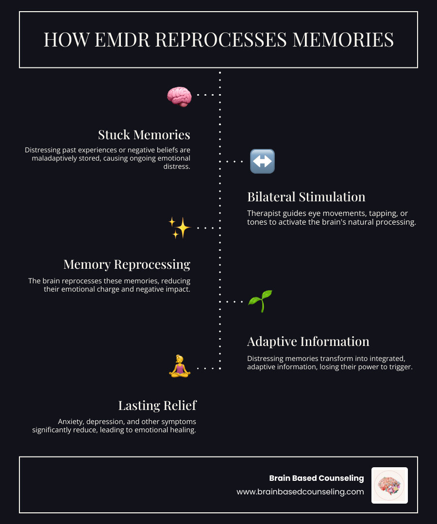 Infographic showing how EMDR helps the brain reprocess stuck traumatic memories through bilateral stimulation, changing distressing memories into adaptive information that no longer triggers anxiety and depression symptoms - emdr therapy for anxiety and depression infographic infographic-line-5-steps-dark