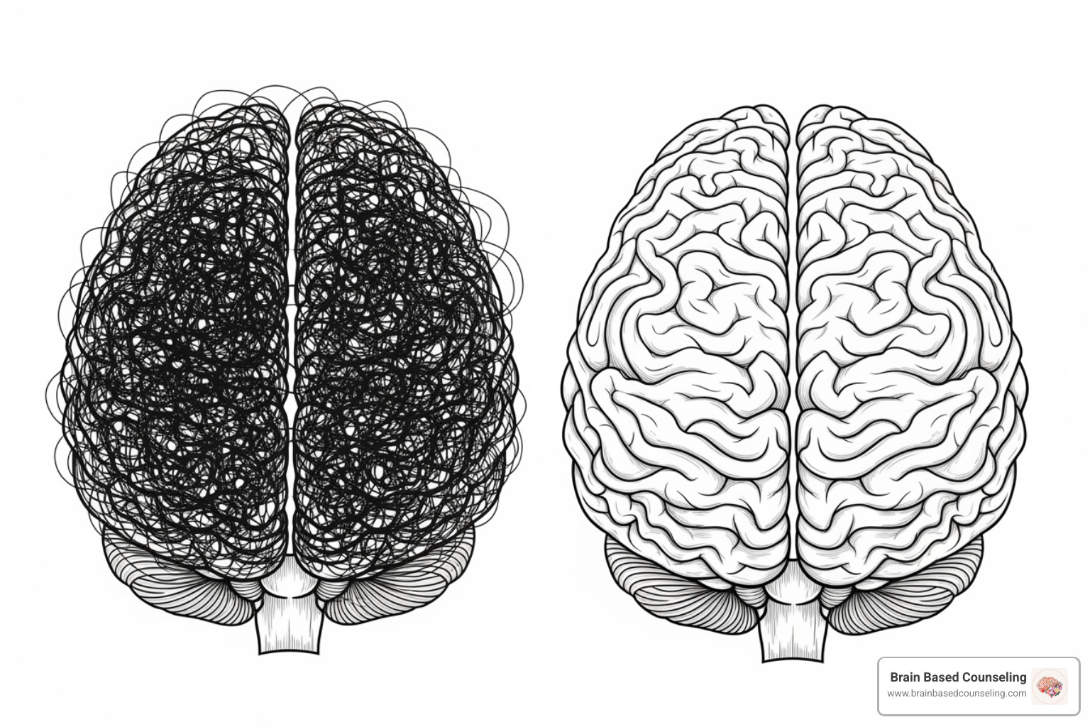 depicting two brains, one with tangled, chaotic lines representing unprocessed trauma, and the other with organized, smooth lines representing resolved memories - emdr therapy for anxiety and depression