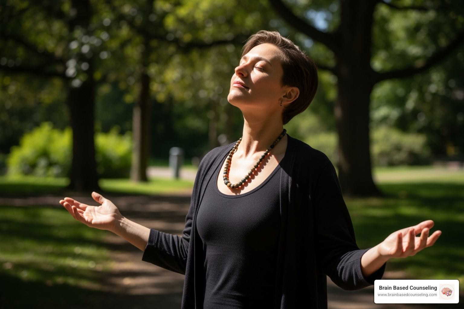 person looking empowered and relieved, perhaps outdoors in nature - emdr therapy for anxiety and depression