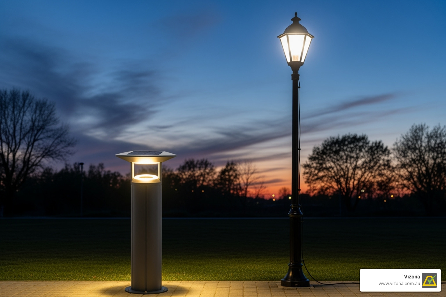 side-by-side comparison of a solar-powered bollard light and a tall, hardwired pole light - area lighting solutions