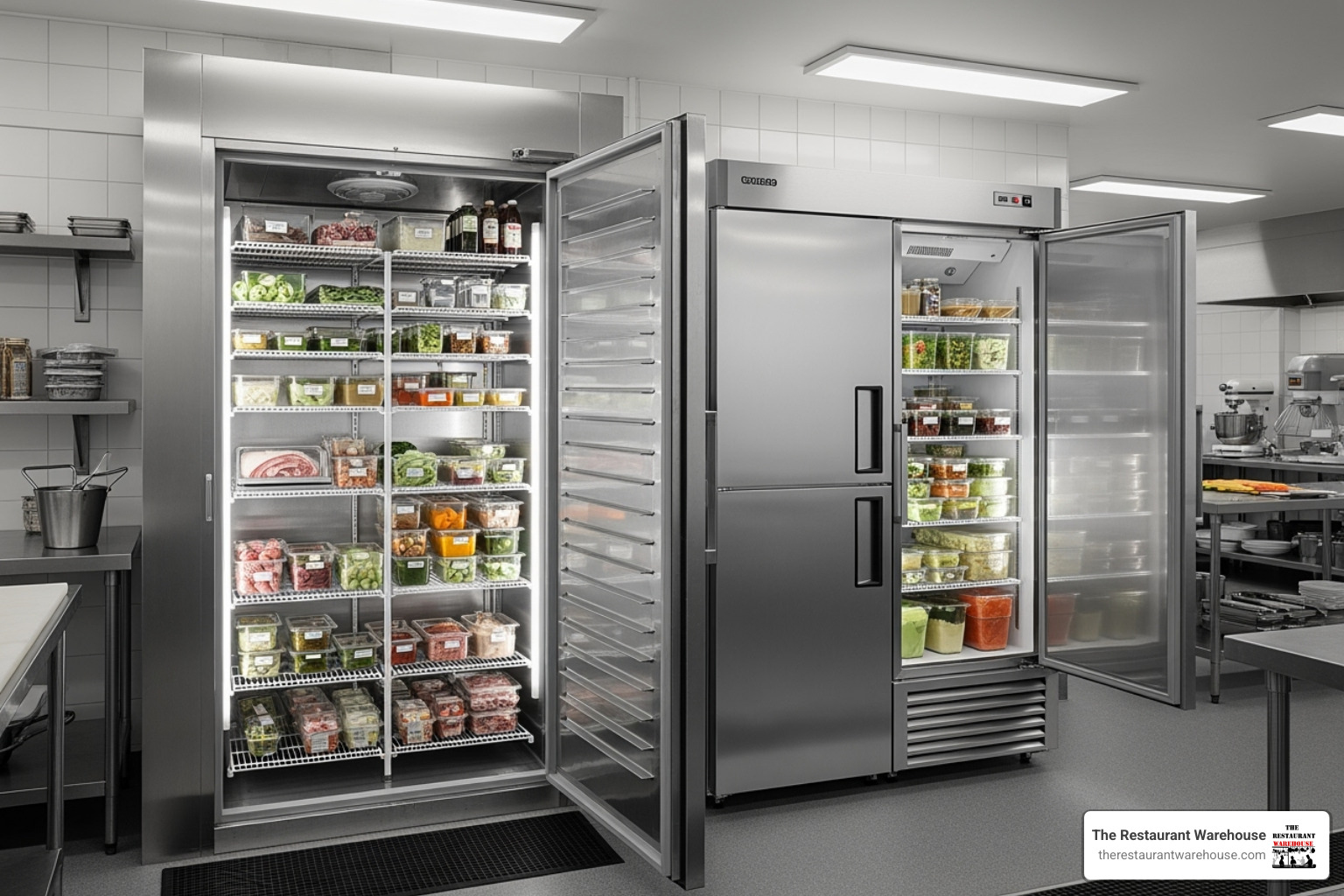 Walk-in cooler with organized shelving and a stainless steel reach-in refrigerator - restaurant tools and equipment Walk-in cooler with organized shelving and a stainless steel reach-in refrigerator - restaurant tools and equipment