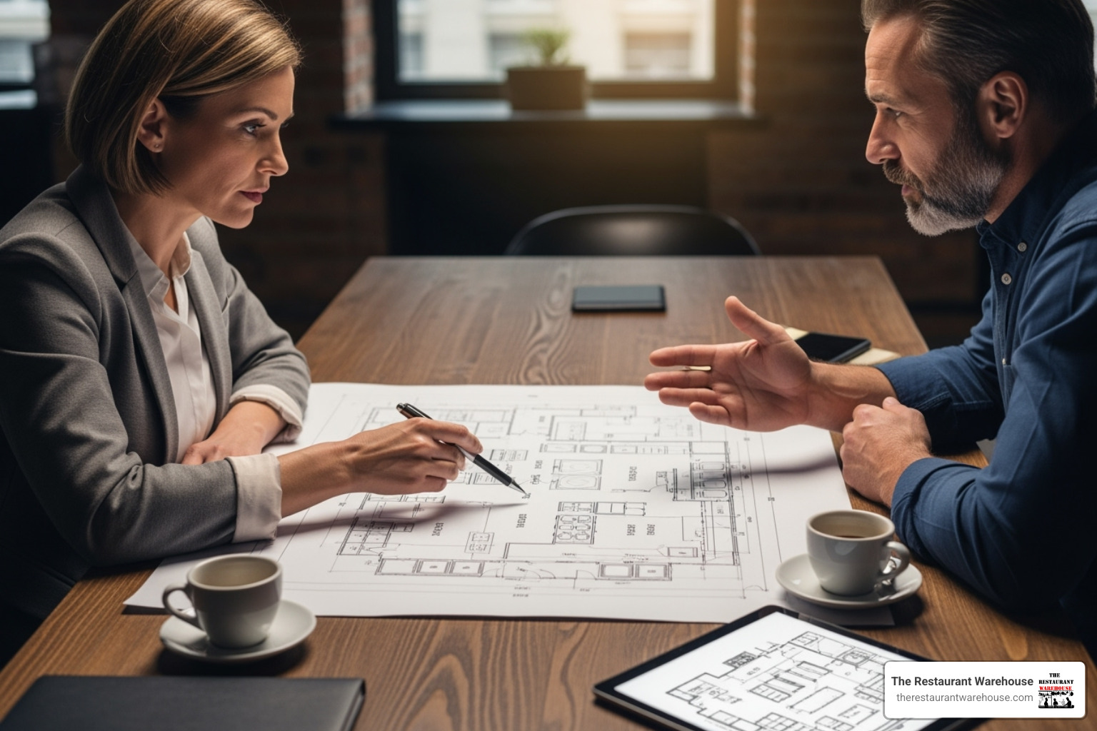 Restaurant owner reviewing a kitchen layout plan with a supplier - restaurant tools and equipment Restaurant owner reviewing a kitchen layout plan with a supplier - restaurant tools and equipment