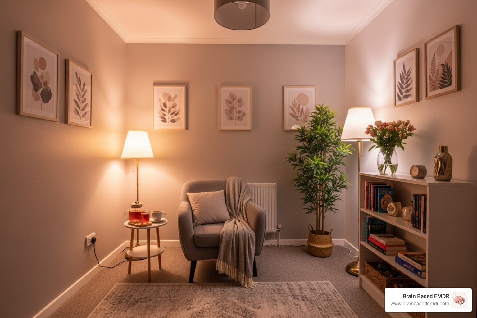 A comfortable and safe therapy room with soft lighting, a cozy chair, and a warm, inviting atmosphere - emdr intensive