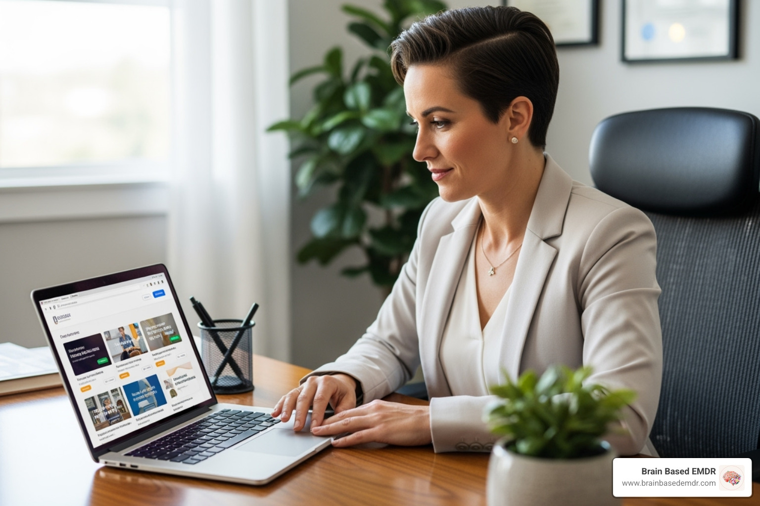 a therapist browsing an online course catalog on a laptop - EMDR continuing education credits