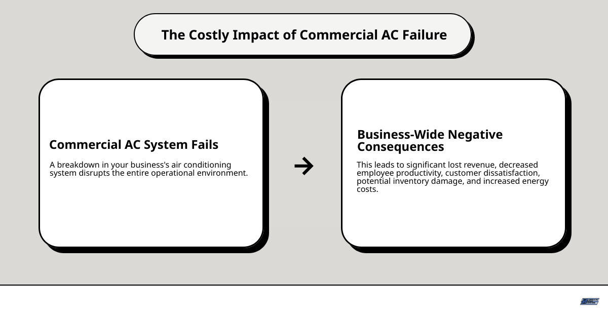 Infographic showing the cascading effects of commercial AC failure including decreased employee productivity, customer dissatisfaction, potential inventory damage, increased energy costs, and lost revenue, with statistics showing that businesses can lose significant revenue during HVAC downtime - commercial air conditioner repair infographic cause_effect_text
