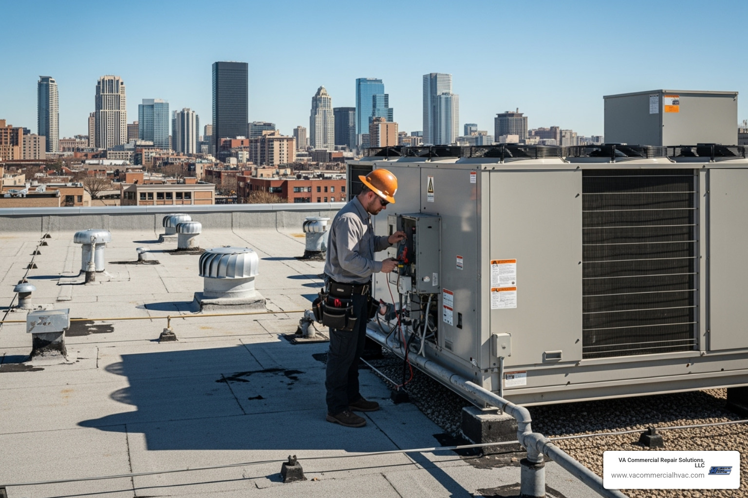 A technician inspecting a large rooftop commercial AC unit - commercial air conditioner repair